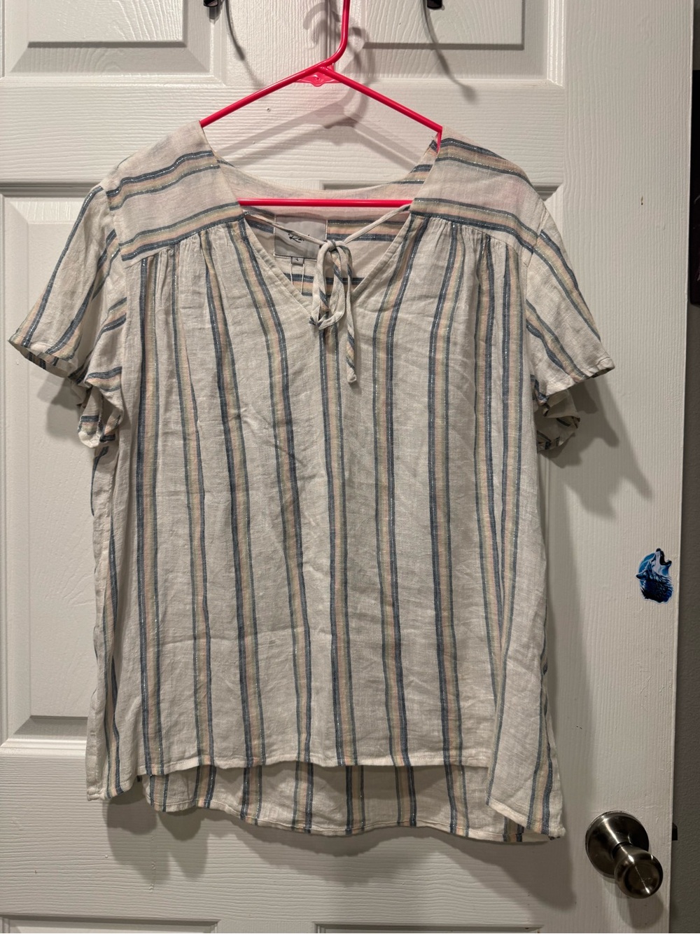 Rails Striped Linen Blend Flutter Sleeve Blouse Size L